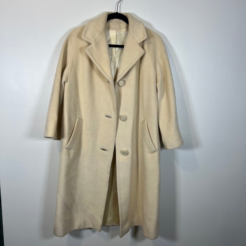 Vintage ILGWU Cream Wool Overcoat Long Button Front Pocketed Union Made Coat